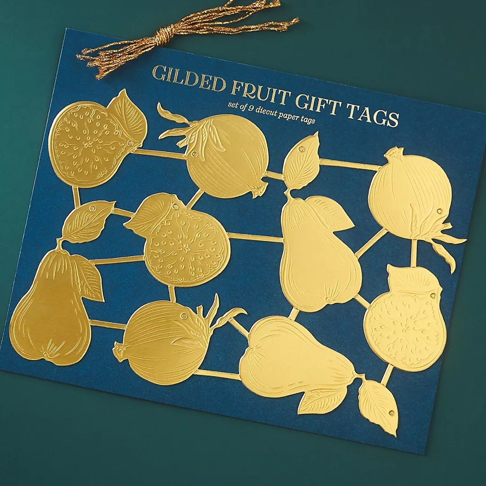 ANTHROPOLOGIE NWT Dresden gold fruit paper gift tags -set of 10